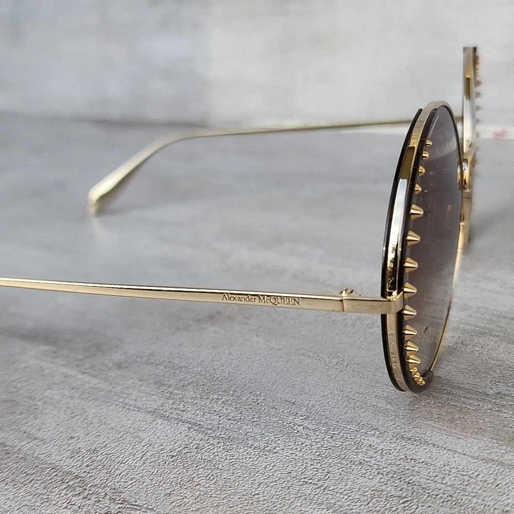 Alexander McQueen Round-Frame Metal Sunglasses Gold Women's Made in Italy - Picture 2 of 10